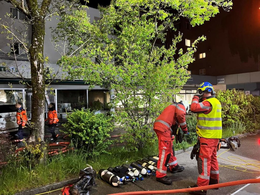 brandobjekt mit zwei feuerwehrleuten im vordergrund