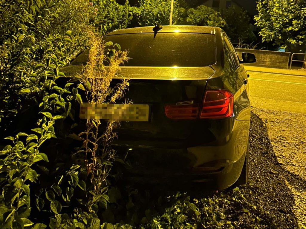 Auto steht neben Strasse halb in Hecke