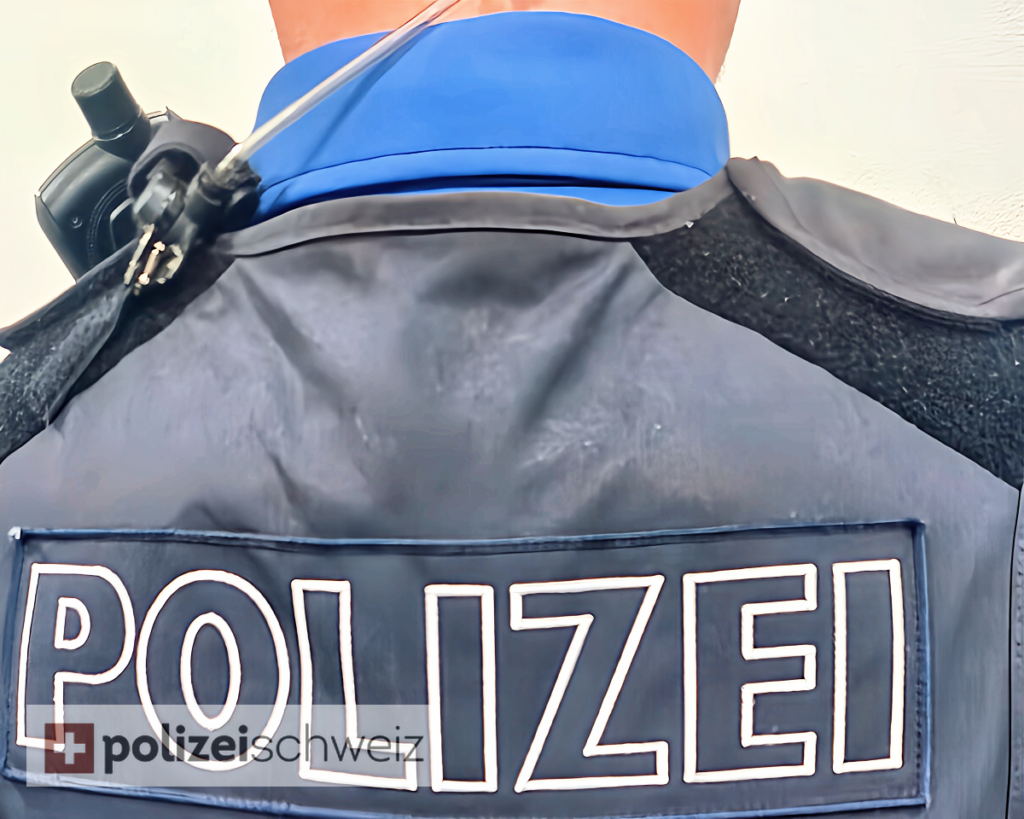 Symbolfoto: Nahaufnahme Rücken von Polizist mit Polizei-Schriftzug