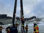 Feuerwehrkräfte an Leiter an Hochspannungsmast