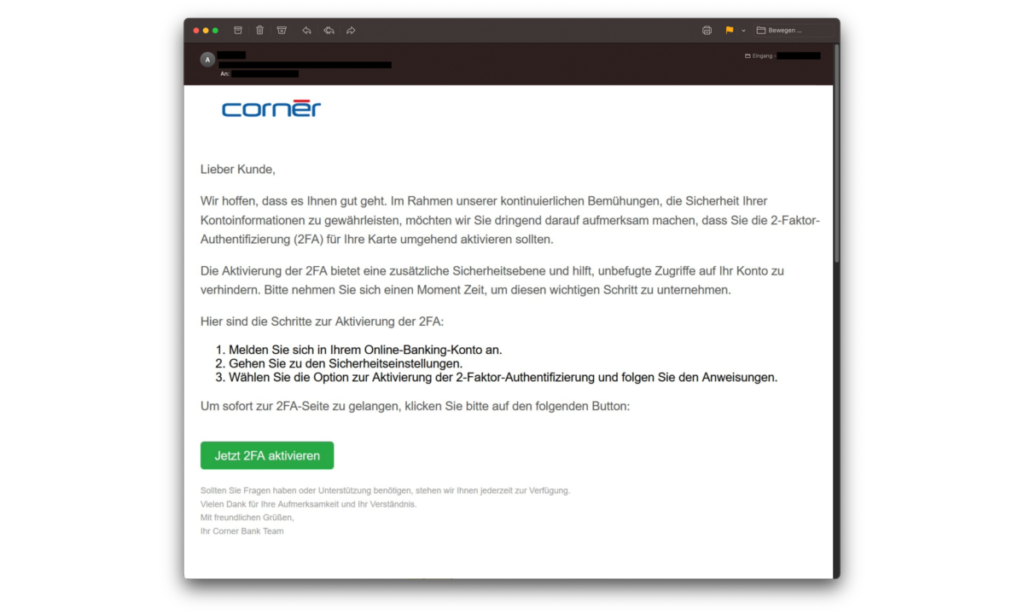 Betrug: Cyberkriminelle locken mit Cornèrcard-2FA-Mail