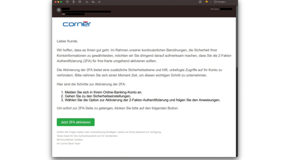 Betrug: Cyberkriminelle locken mit Cornèrcard-2FA-Mail